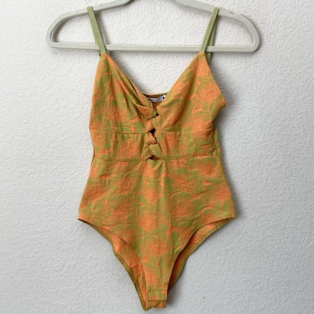 Zara Floral Twist Front Cut Out Jacquard Stretchy Neon Bodysuit